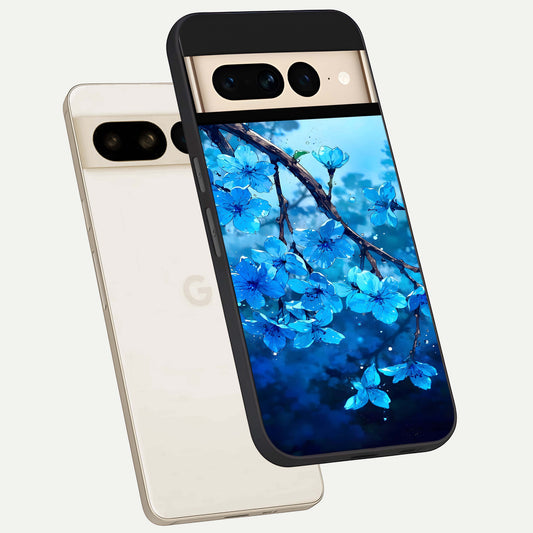  Blue Blossoms Branch phone case For Google Pixel 7 Pro showing premium glass back cover with detailed artwork