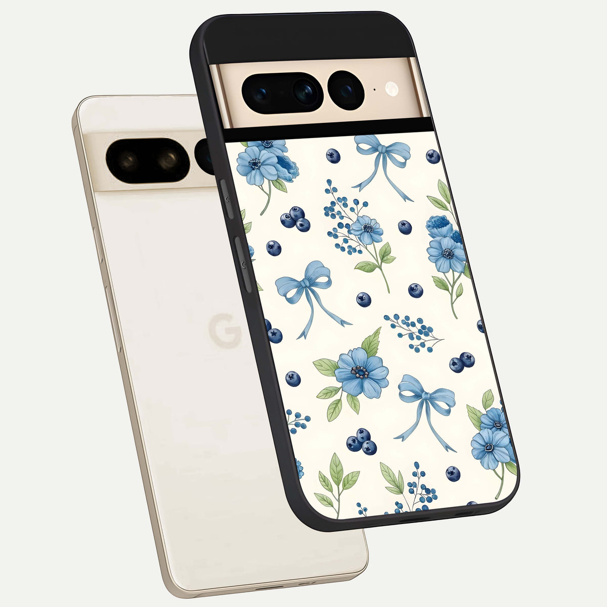  Blue Flower And Bow phone case For Google Pixel 7 Pro showing premium glass back cover with detailed artwork
