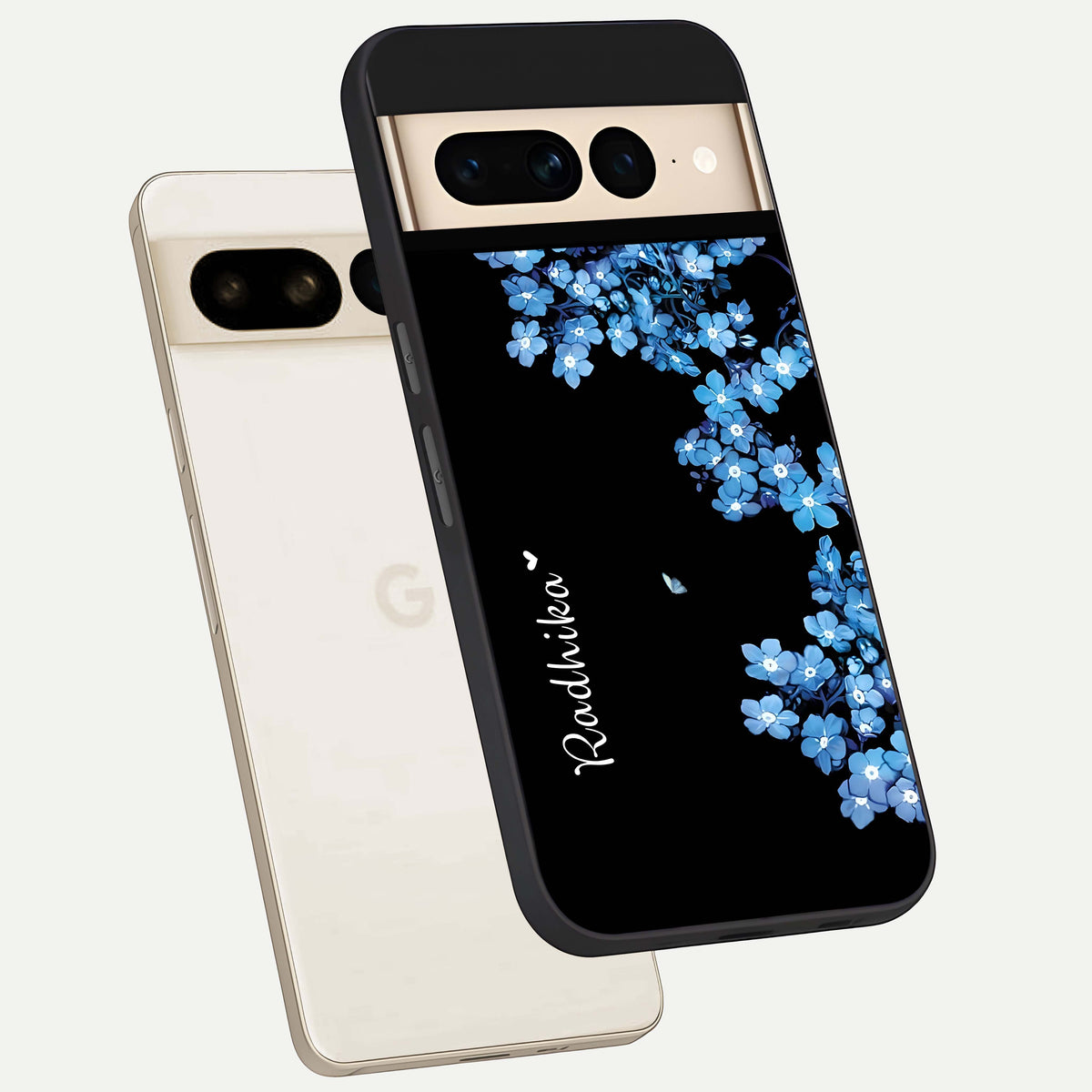  Blue Petal Dream Custom Name phone case For Google Pixel 7 Pro showing premium glass back cover with detailed artwork