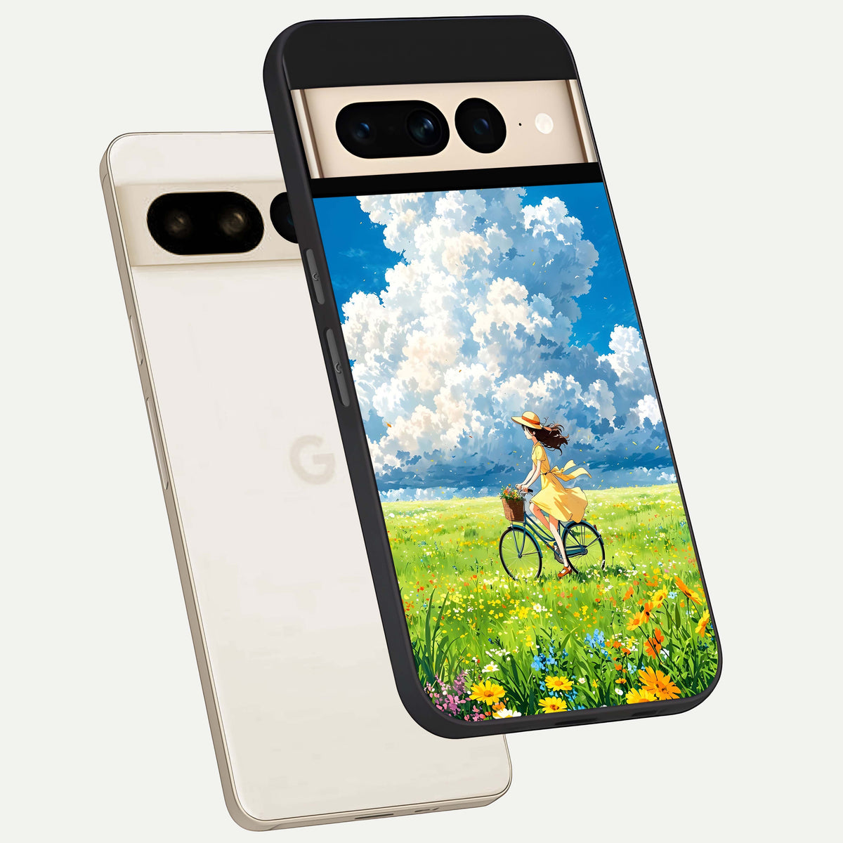  Breezy Meadow Ride phone case For Google Pixel 7 Pro showing premium glass back cover with detailed artwork