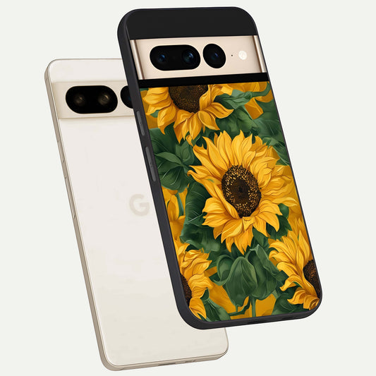  Bright Sunflower Bloom phone case For Google Pixel 7 Pro showing premium glass back cover with detailed artwork