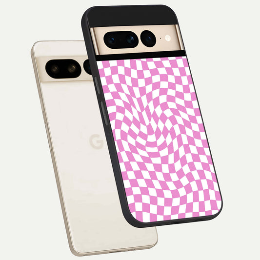 Bubblegum Check Wave phone case For Google Pixel 7 Pro showing premium glass back cover with detailed artwork