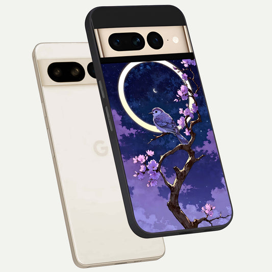  Celestial Bird Blossom phone case For Google Pixel 7 Pro showing premium glass back cover with detailed artwork