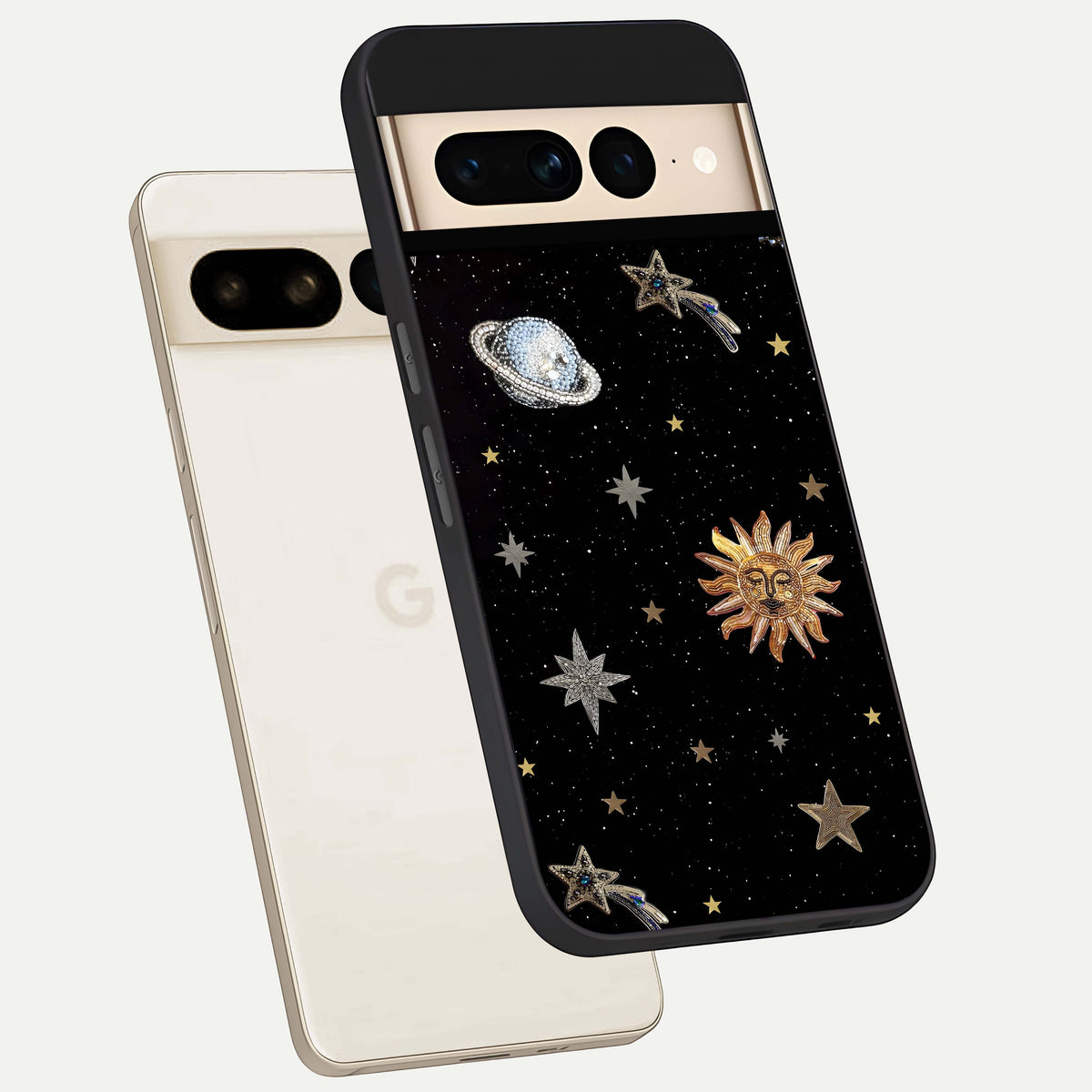  Celestial Moon With Stars phone case For Google Pixel 7 Pro showing premium glass back cover with detailed artwork