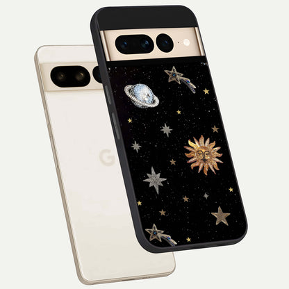  Celestial Moon With Stars phone case For Google Pixel 7 Pro showing premium glass back cover with detailed artwork