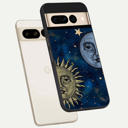  Celestial Moon With Sun phone case For Google Pixel 7 Pro showing premium glass back cover with detailed artwork