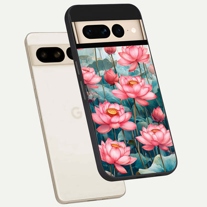  Celestial Pink Lotus phone case For Google Pixel 7 Pro showing premium glass back cover with detailed artwork
