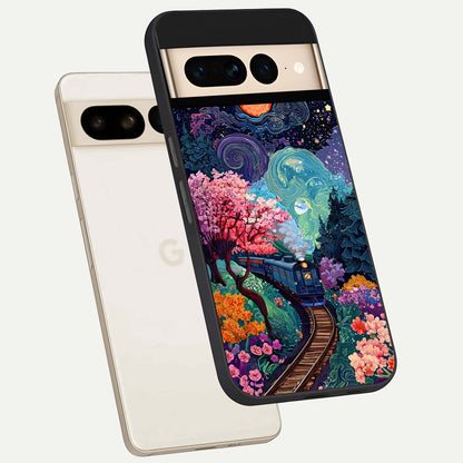  Celestial Train Journey phone case For Google Pixel 7 Pro showing premium glass back cover with detailed artwork