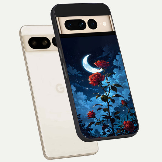  Crimson Rose Moon phone case For Google Pixel 7 Pro showing premium glass back cover with detailed artwork