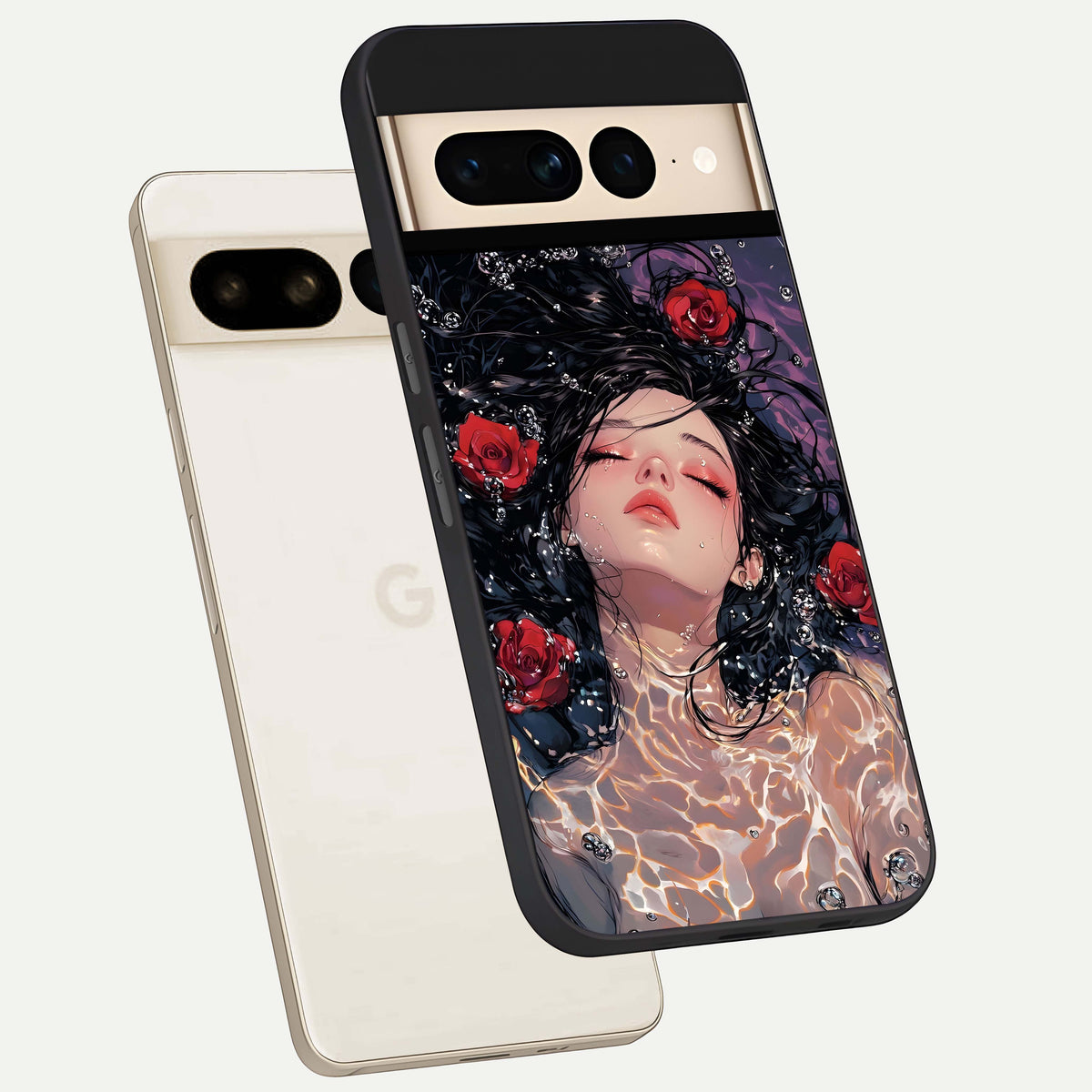  Crimson Rose Serenity phone case For Google Pixel 7 Pro showing premium glass back cover with detailed artwork