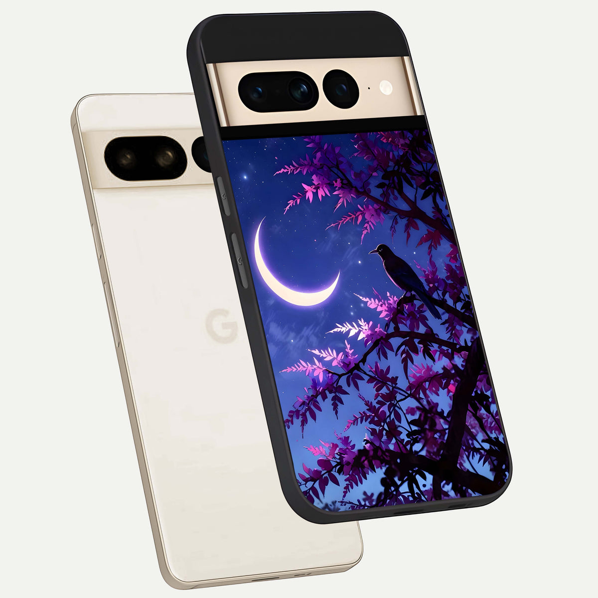  Crow And Moon Scenery phone case For Google Pixel 7 Pro showing premium glass back cover with detailed artwork