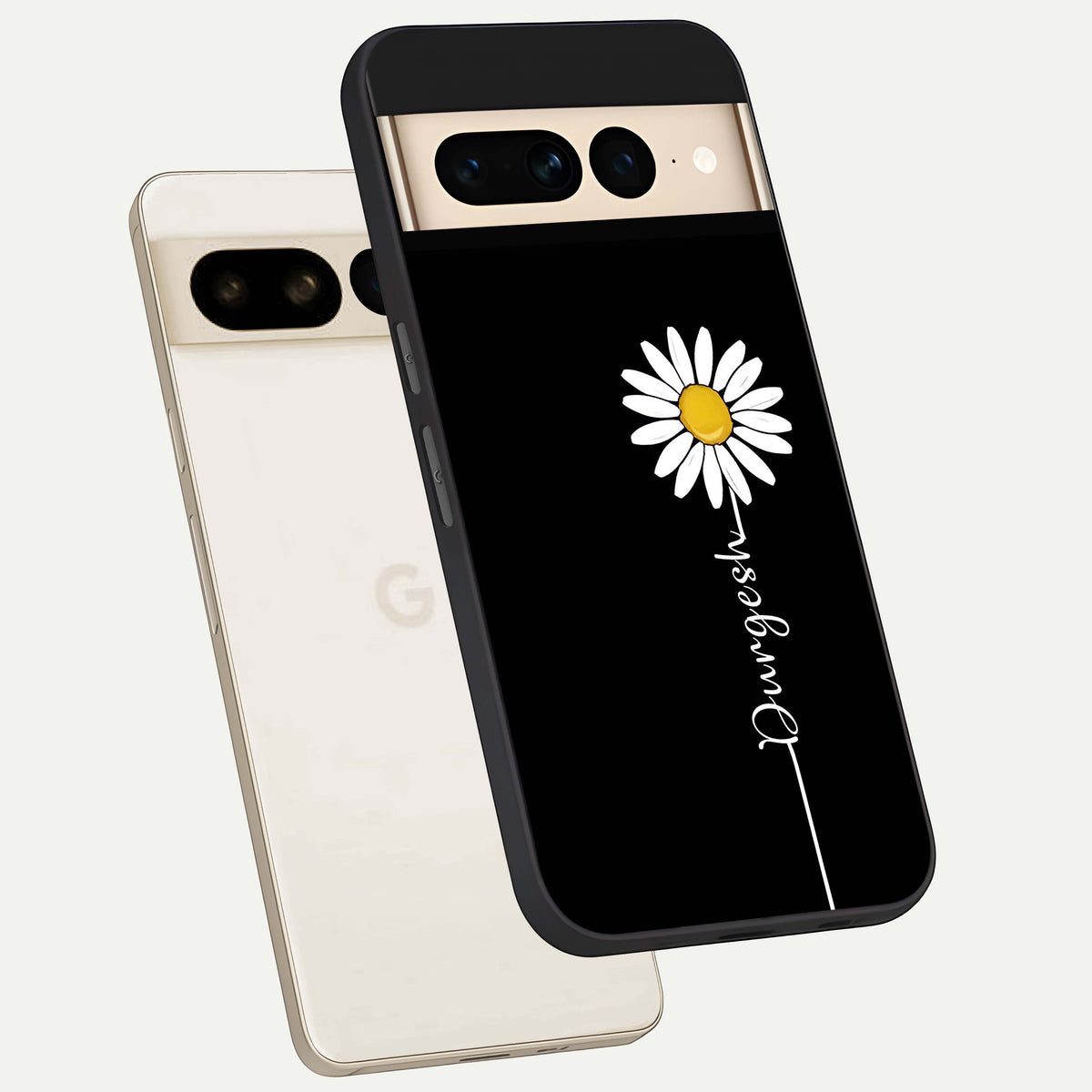  Custom Name White Flower phone case For Google Pixel 7 Pro showing premium glass back cover with detailed artwork
