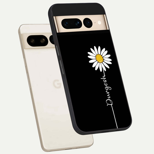  Custom Name White Flower phone case For Google Pixel 7 Pro showing premium glass back cover with detailed artwork