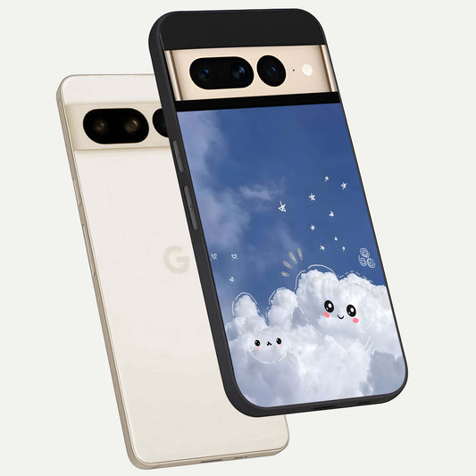  Cute Blossom Cloud phone case For Google Pixel 7 Pro showing premium glass back cover with detailed artwork