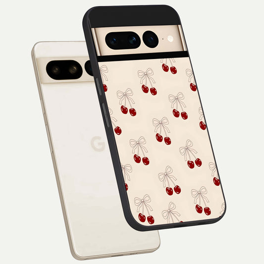  Cute Cherry Pattern phone case For Google Pixel 7 Pro showing premium glass back cover with detailed artwork