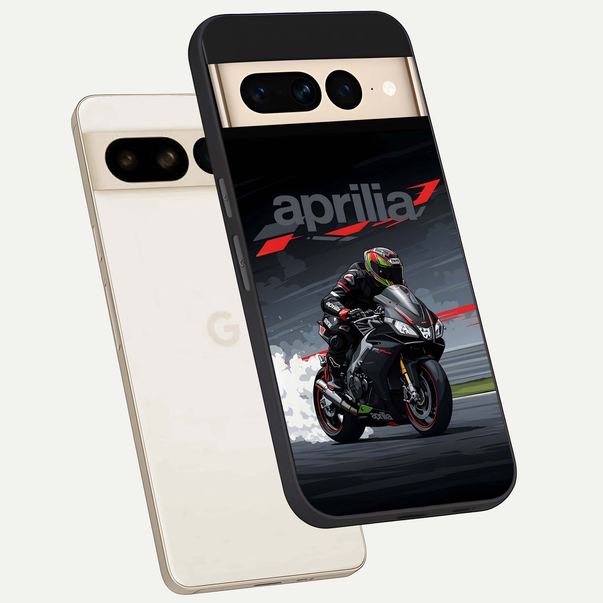  Dark Aprilla phone case For Google Pixel 7 Pro showing premium glass back cover with detailed artwork