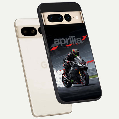  Dark Aprilla phone case For Google Pixel 7 Pro showing premium glass back cover with detailed artwork
