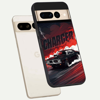  Dark Charger Fury phone case For Google Pixel 7 Pro showing premium glass back cover with detailed artwork