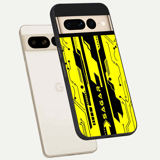  Electric Pulse CYBERPUNK Custom Name phone case For Google Pixel 7 Pro showing premium glass back cover with detailed artwork