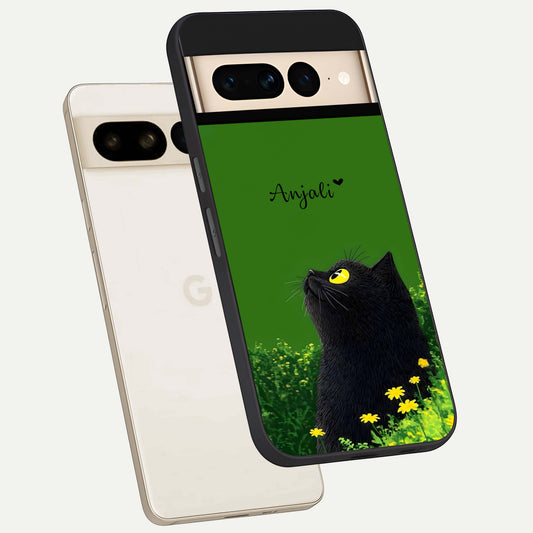  Emerald Cat Custom Name phone case For Google Pixel 7 Pro showing premium glass back cover with detailed artwork