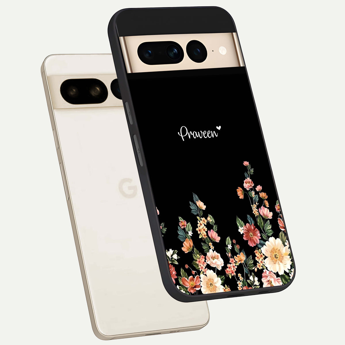  Floral Design Personalized Custom Name phone case For Google Pixel 7 Pro showing premium glass back cover with detailed artwork