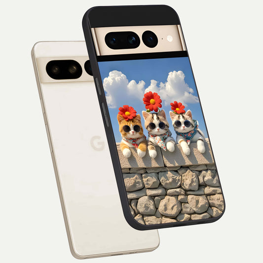  Floral Kitty Squad phone case For Google Pixel 7 Pro showing premium glass back cover with detailed artwork