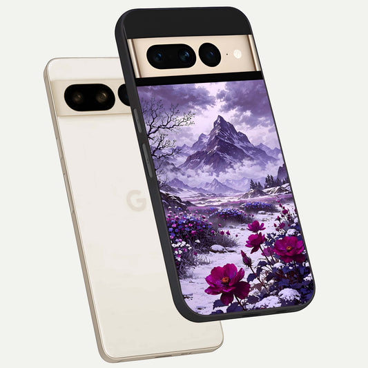  Flower Mountain View phone case For Google Pixel 7 Pro showing premium glass back cover with detailed artwork