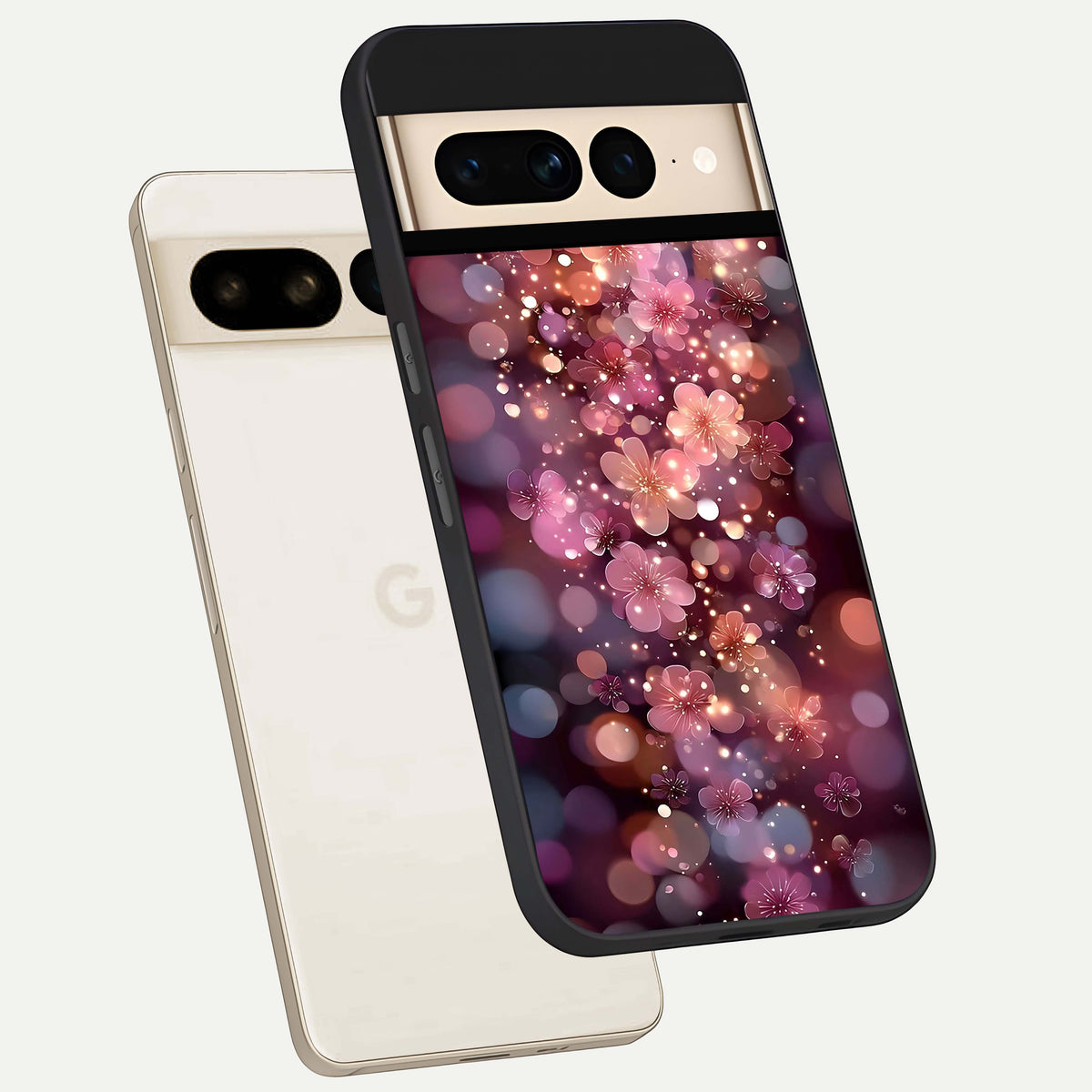  Glowing Petal Bliss phone case For Google Pixel 7 Pro showing premium glass back cover with detailed artwork