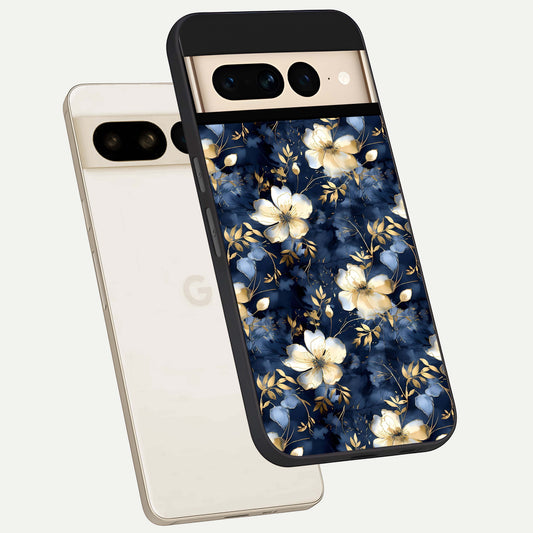  Golden Midnight Bloom phone case For Google Pixel 7 Pro showing premium glass back cover with detailed artwork