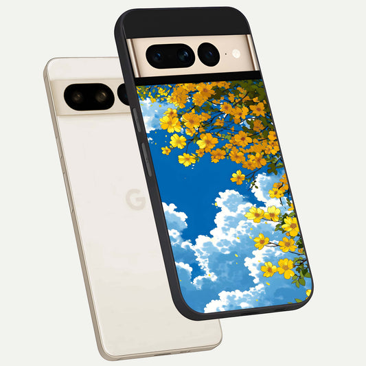  Golden Petal Sky phone case For Google Pixel 7 Pro showing premium glass back cover with detailed artwork