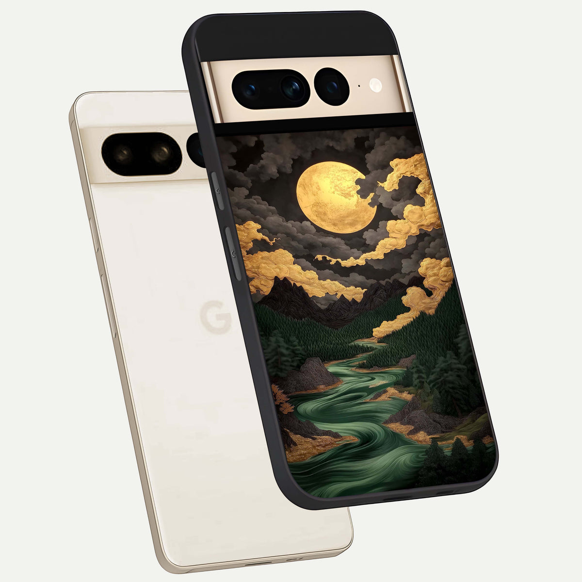  Golden River Moon phone case For Google Pixel 7 Pro showing premium glass back cover with detailed artwork