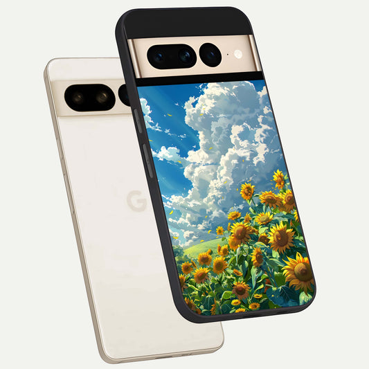  Golden Sun Glory phone case For Google Pixel 7 Pro showing premium glass back cover with detailed artwork