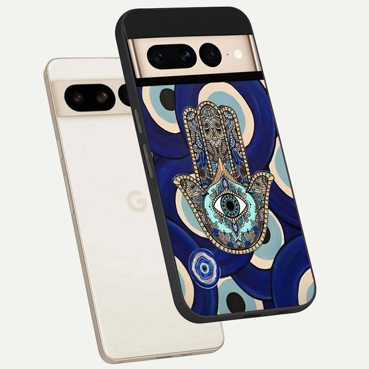  Hamsa Divine Guard phone case For Google Pixel 7 Pro showing premium glass back cover with detailed artwork