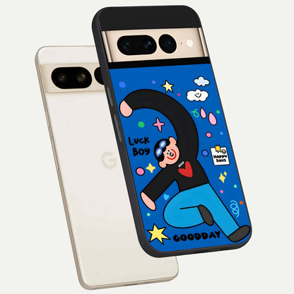  Happy Luck Vibe phone case For Google Pixel 7 Pro showing premium glass back cover with detailed artwork