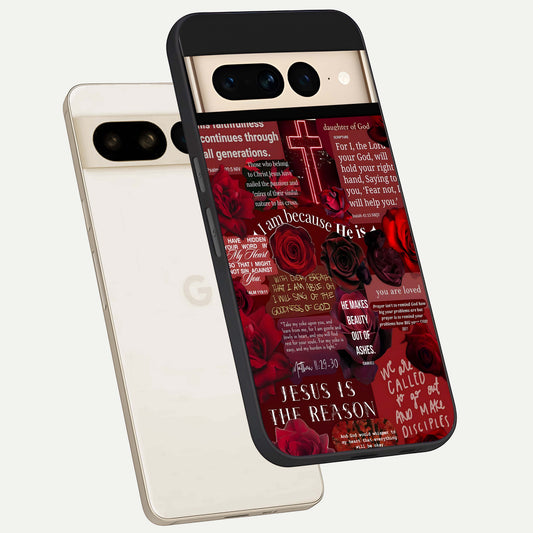  Jesus Love Heals phone case For Google Pixel 7 Pro showing premium glass back cover with detailed artwork