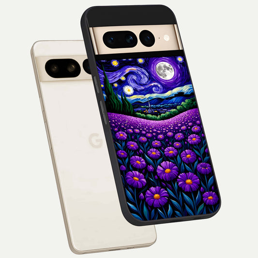  Lavender Moon Field phone case For Google Pixel 7 Pro showing premium glass back cover with detailed artwork