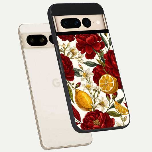  Lemon Rose Charm phone case For Google Pixel 7 Pro showing premium glass back cover with detailed artwork