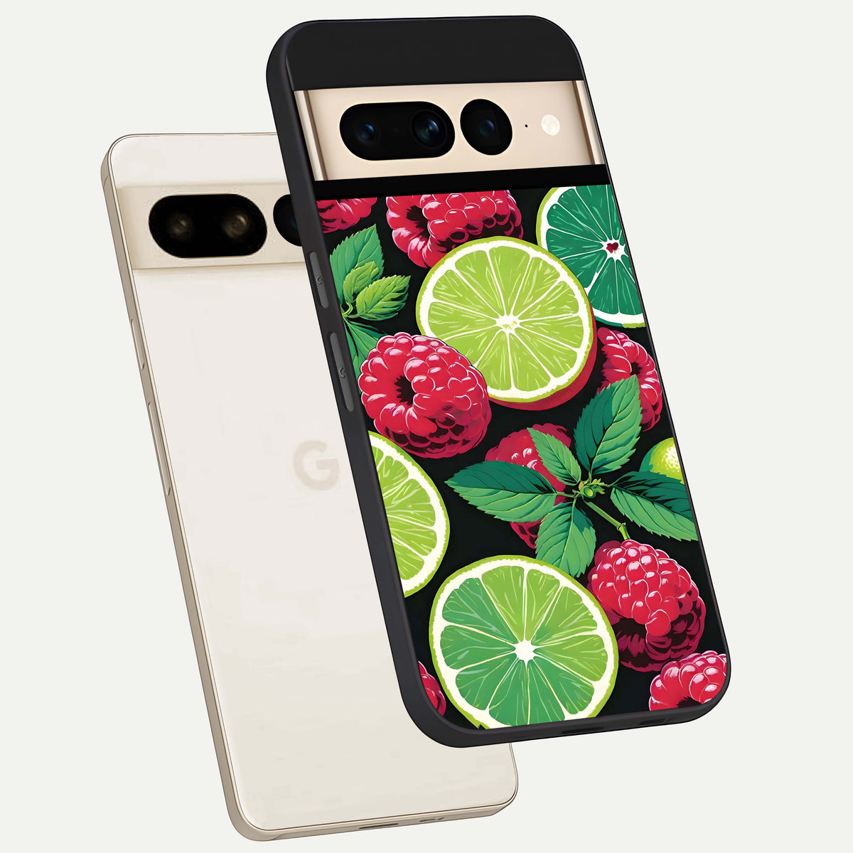  Lime and Raspberry Pattern phone case For Google Pixel 7 Pro showing premium glass back cover with detailed artwork