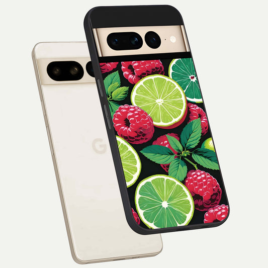  Lime and Raspberry Pattern phone case For Google Pixel 7 Pro showing premium glass back cover with detailed artwork