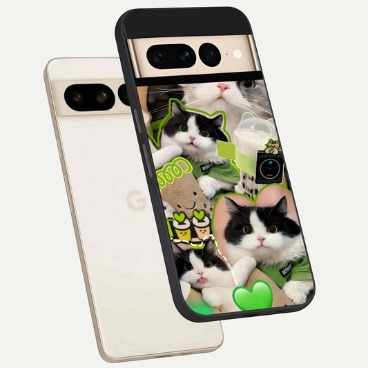  Matcha Cats Mood phone case For Google Pixel 7 Pro showing premium glass back cover with detailed artwork