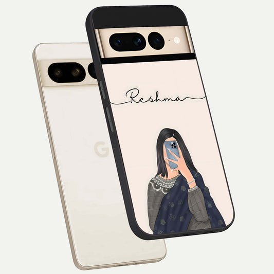  Mirror Mood Muse With Custom Name phone case For Google Pixel 7 Pro showing premium glass back cover with detailed artwork