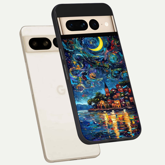  Moonlight Harbor Glow phone case For Google Pixel 7 Pro showing premium glass back cover with detailed artwork