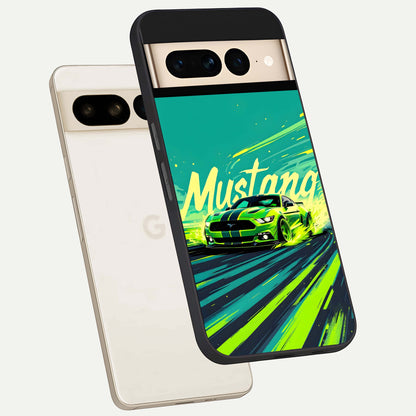  Mustang Bang phone case For Google Pixel 7 Pro showing premium glass back cover with detailed artwork