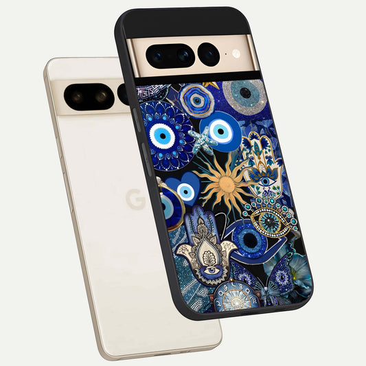  Mystic Blue Evil Eye phone case For Google Pixel 7 Pro showing premium glass back cover with detailed artwork