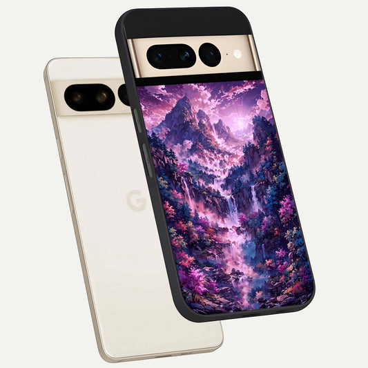  Mystic Cascade Peaks phone case For Google Pixel 7 Pro showing premium glass back cover with detailed artwork