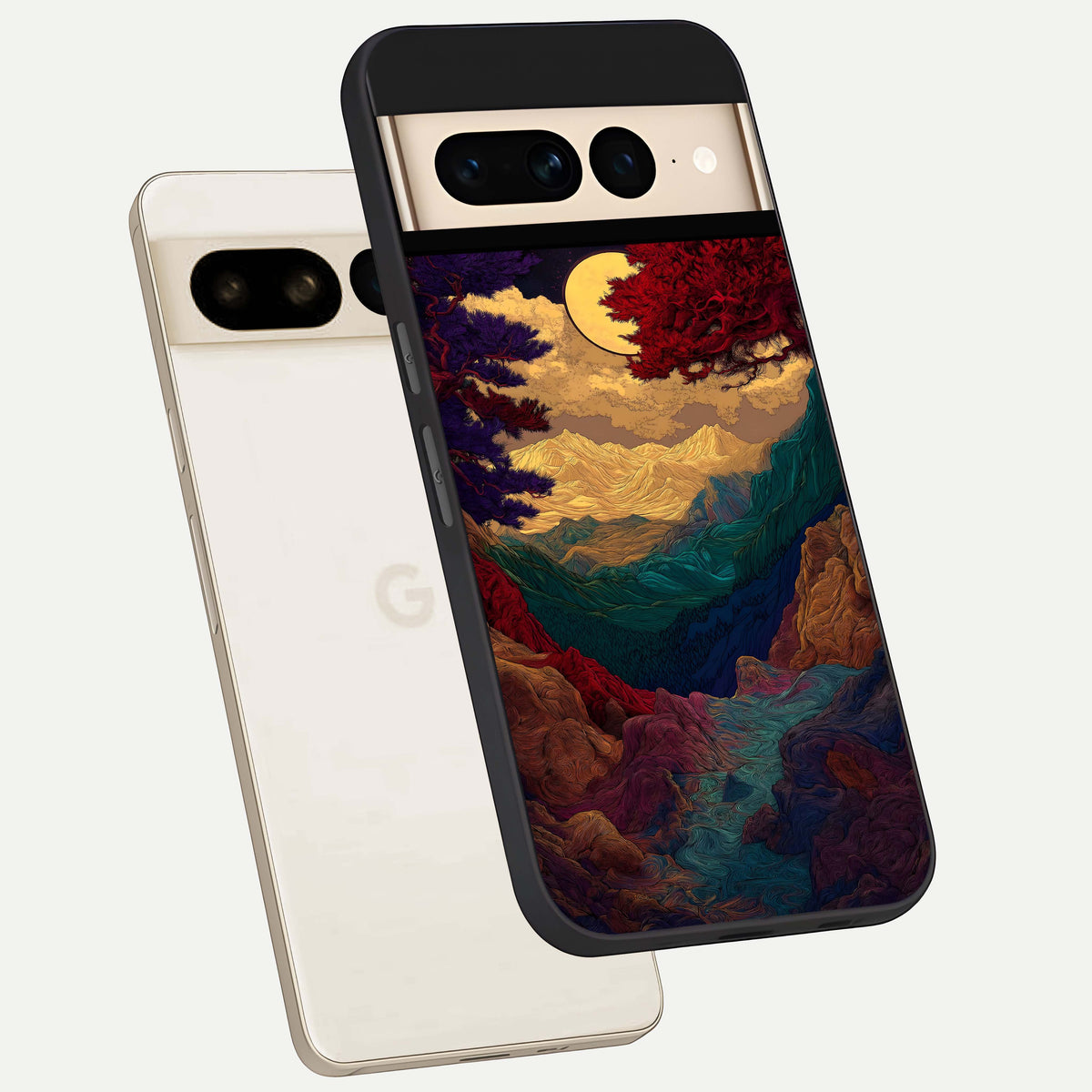  Mystic Valley Light phone case For Google Pixel 7 Pro showing premium glass back cover with detailed artwork