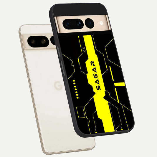  Neon CYBERPUNK Custom Name phone case For Google Pixel 7 Pro showing premium glass back cover with detailed artwork