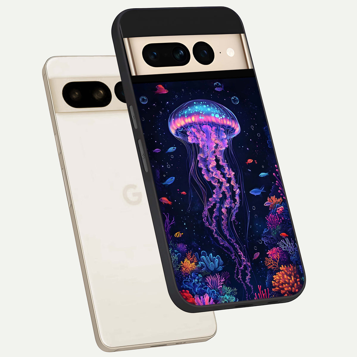  Neon Jellyfish phone case For Google Pixel 7 Pro showing premium glass back cover with detailed artwork