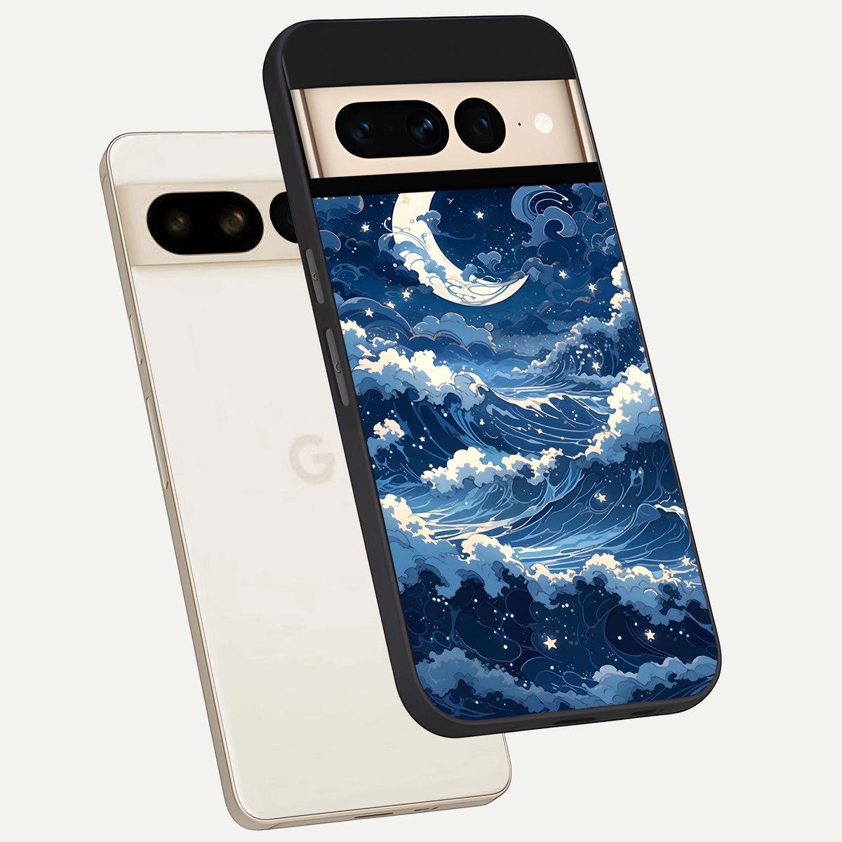  Ocean Moon Waves phone case For Google Pixel 7 Pro showing premium glass back cover with detailed artwork