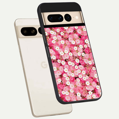  Pink Daisy Bliss phone case For Google Pixel 7 Pro showing premium glass back cover with detailed artwork